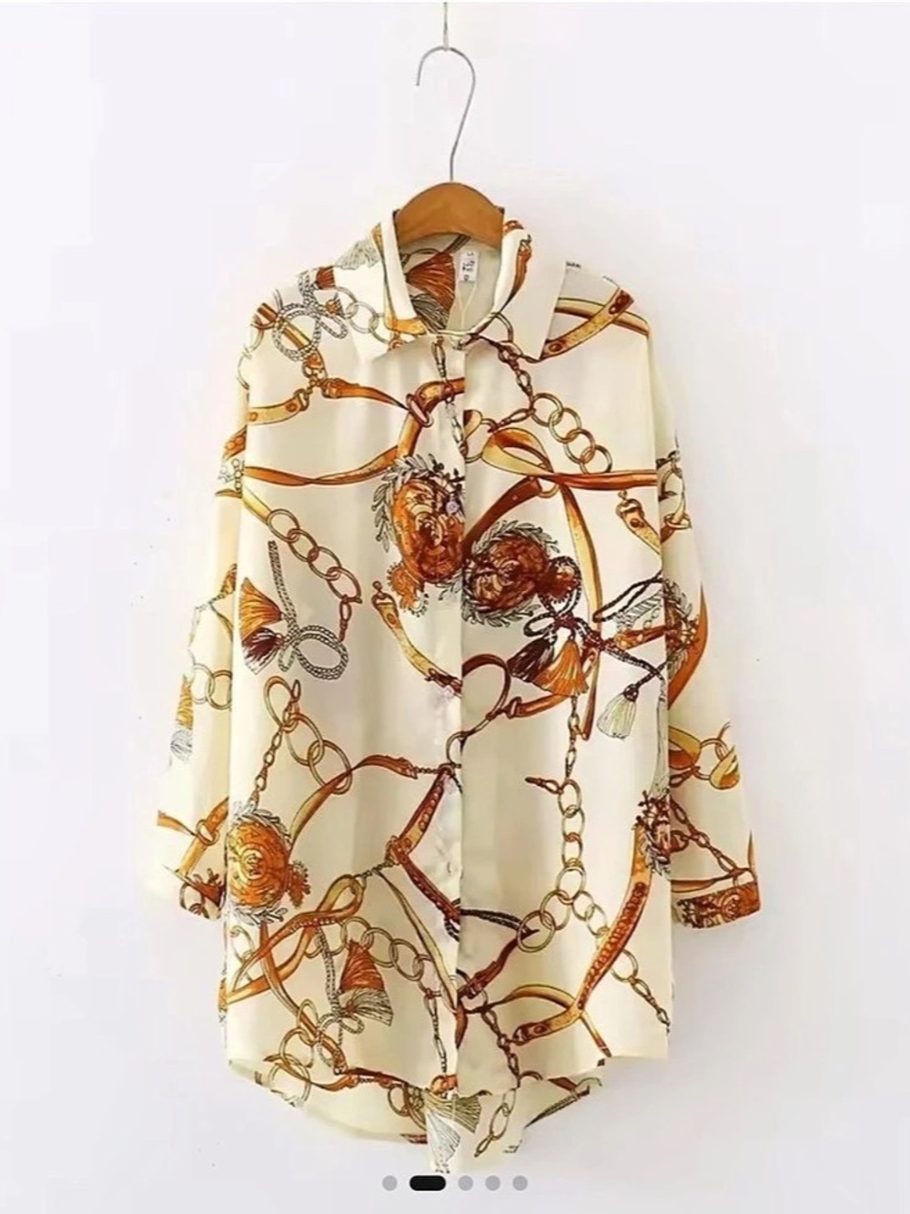 Chain Print Blouse Button Down Shirt in Cream & Orange